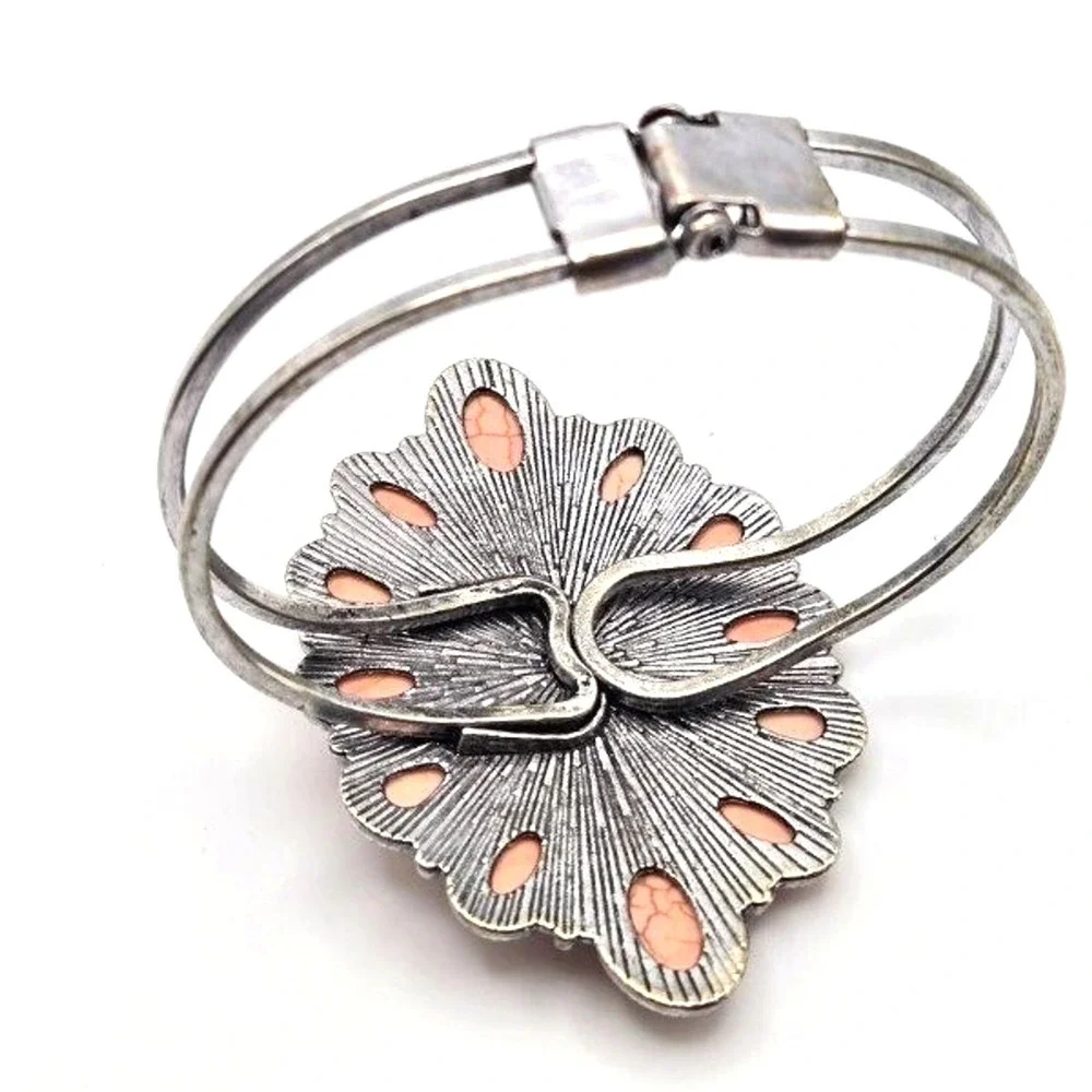 Pink‎ Stone Silver Tone Hinged Statement Bracelet Southwestern Marquis